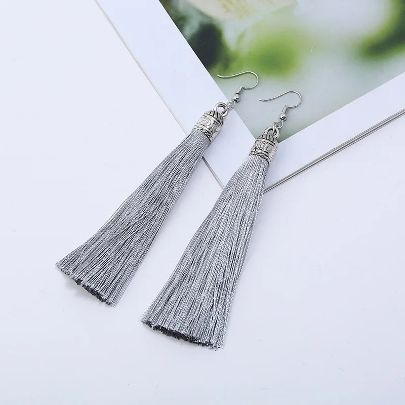 Bohemian Long Tassel Drop Dangle Earrings For Women Girl Red Blue White Silk Fabric Ethnic Vintage Earrings Fashion Jewelry Gift