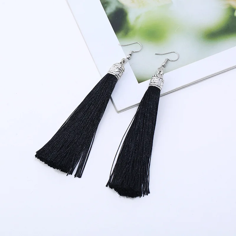 Bohemian Long Tassel Drop Dangle Earrings For Women Girl Red Blue White Silk Fabric Ethnic Vintage Earrings Fashion Jewelry Gift