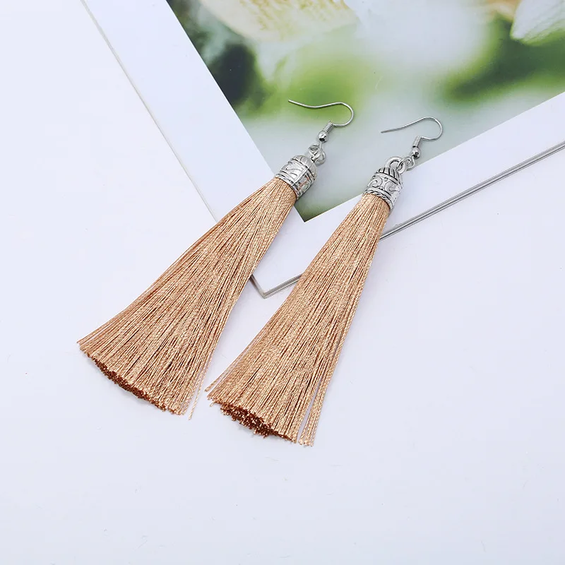 Bohemian Long Tassel Drop Dangle Earrings For Women Girl Red Blue White Silk Fabric Ethnic Vintage Earrings Fashion Jewelry Gift