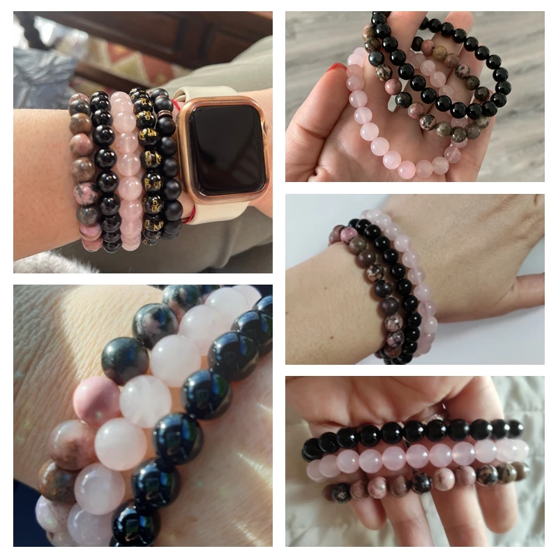 3Pcs/Set Natural Stone Bracelet Rose Quartzs Obsidian Amethysts Tiger Eye Beads Elastic Bracelet For Women Men Health Protection