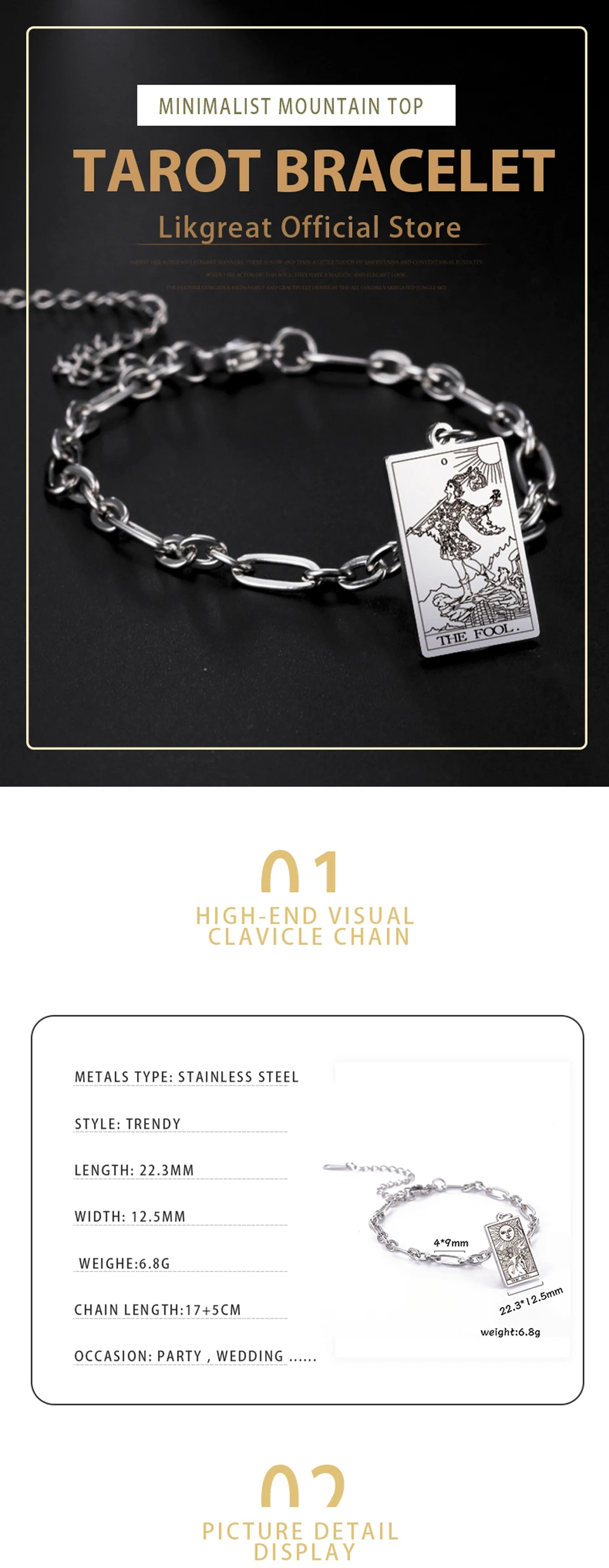 LIKGREAT Tarot Card Charms Bracelets for Women Men The Major Arcana Amulet Stainless Steel Classic Tarot Wrist Jewelry Gifts