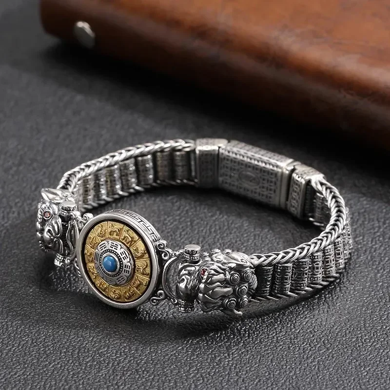 Handmade Silver Color Reative Passepartout Prayer Wheel Bracelet Men Transfer Beads Six-Character Mantra Retro Women Charm Chain