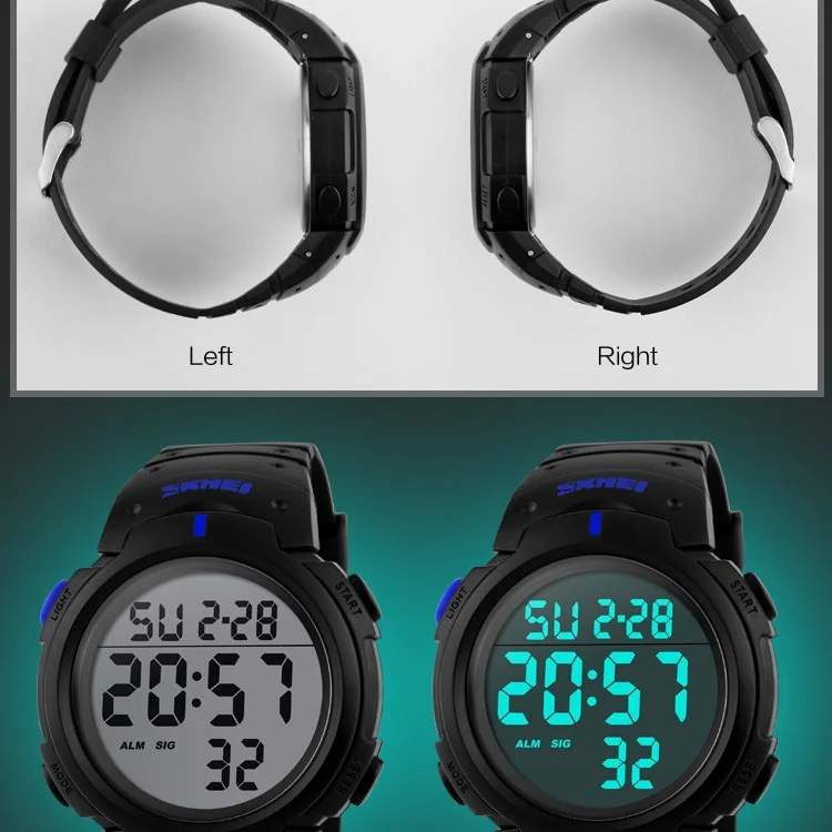 TOP Mens Watch Fashion Big Dial Sport Watches 50M Waterproof Alarm Clock Digital Men WristWatch Relogio Masculino