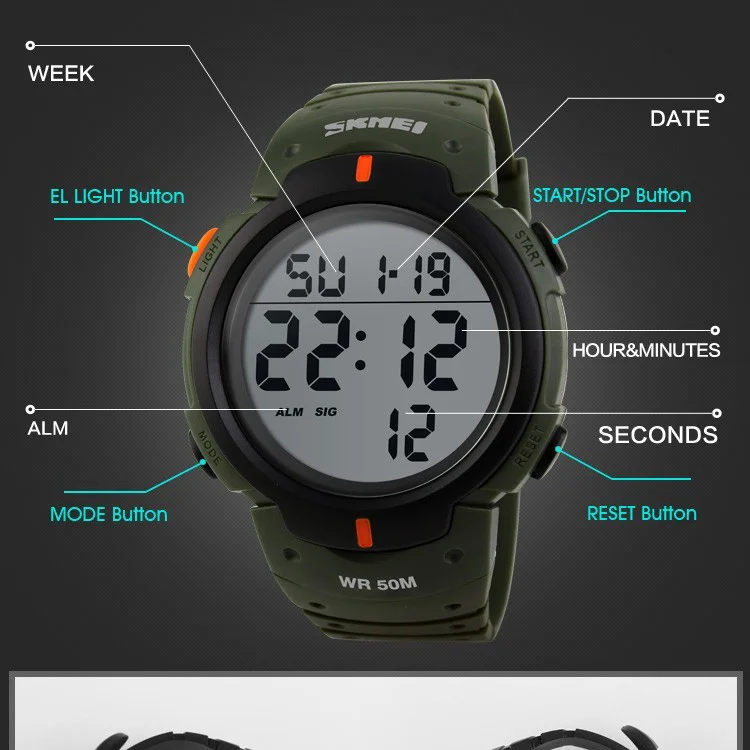TOP Mens Watch Fashion Big Dial Sport Watches 50M Waterproof Alarm Clock Digital Men WristWatch Relogio Masculino
