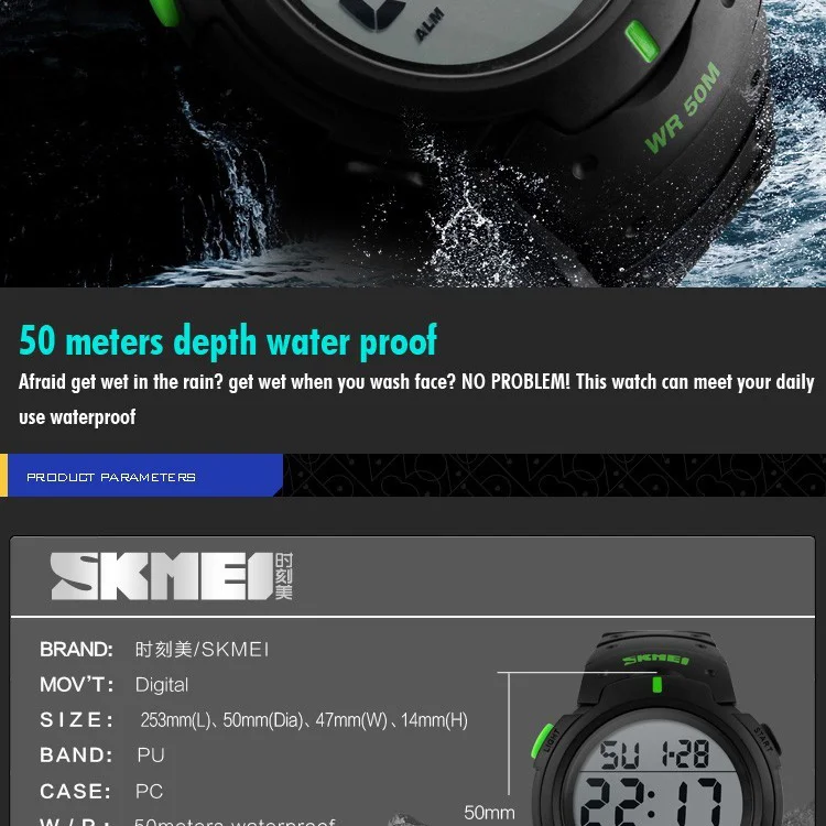 TOP Mens Watch Fashion Big Dial Sport Watches 50M Waterproof Alarm Clock Digital Men WristWatch Relogio Masculino