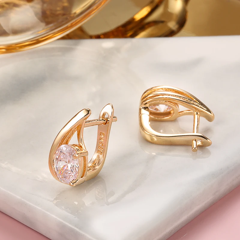 Kinel Luxury Wedding Women Earring Fashion 585 Rose Gold Oval White Natural Zircon Drop Earring High Quality Daily Fine Jewelry