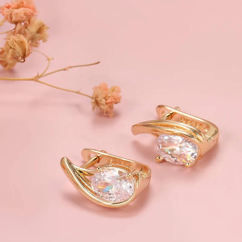Kinel Luxury Wedding Women Earring Fashion 585 Rose Gold Oval White Natural Zircon Drop Earring High Quality Daily Fine Jewelry