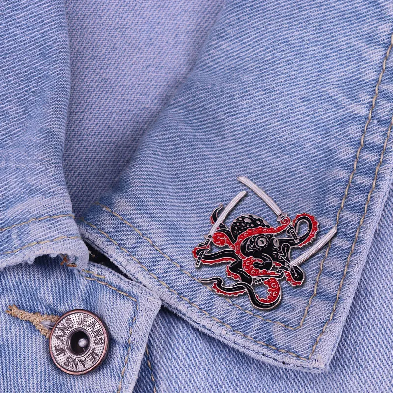 Octopus Swordsman Pin Black Samurai Brooch Funny Badge
