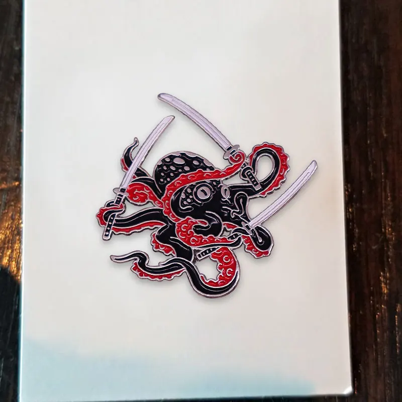 Octopus Swordsman Pin Black Samurai Brooch Funny Badge