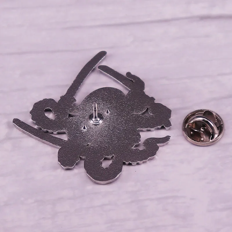 Octopus Swordsman Pin Black Samurai Brooch Funny Badge