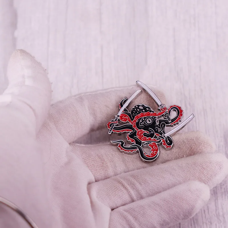 Octopus Swordsman Pin Black Samurai Brooch Funny Badge