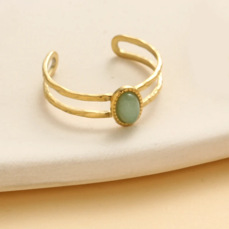 Inlaid Natural Stone Stainless Steel Engagement Rings for Women Adjustable Opening Simplicity Vintage Ring Fashion Jewelry