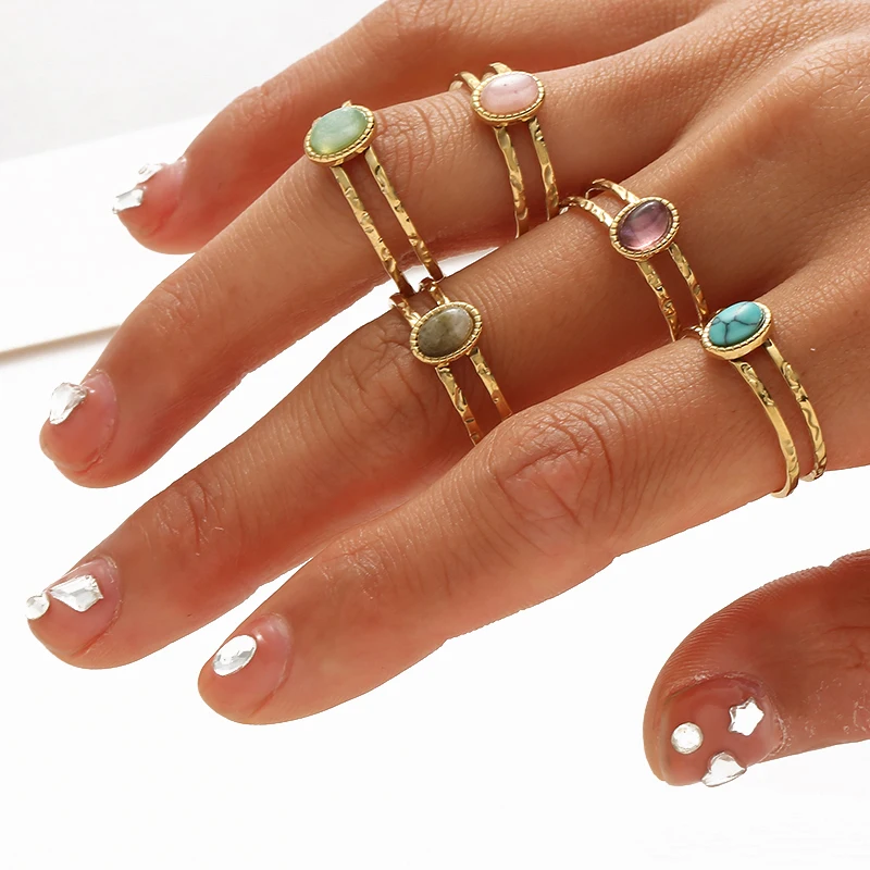 Inlaid Natural Stone Stainless Steel Engagement Rings for Women Adjustable Opening Simplicity Vintage Ring Fashion Jewelry