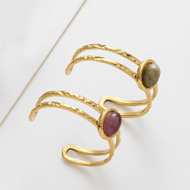 Inlaid Natural Stone Stainless Steel Engagement Rings for Women Adjustable Opening Simplicity Vintage Ring Fashion Jewelry