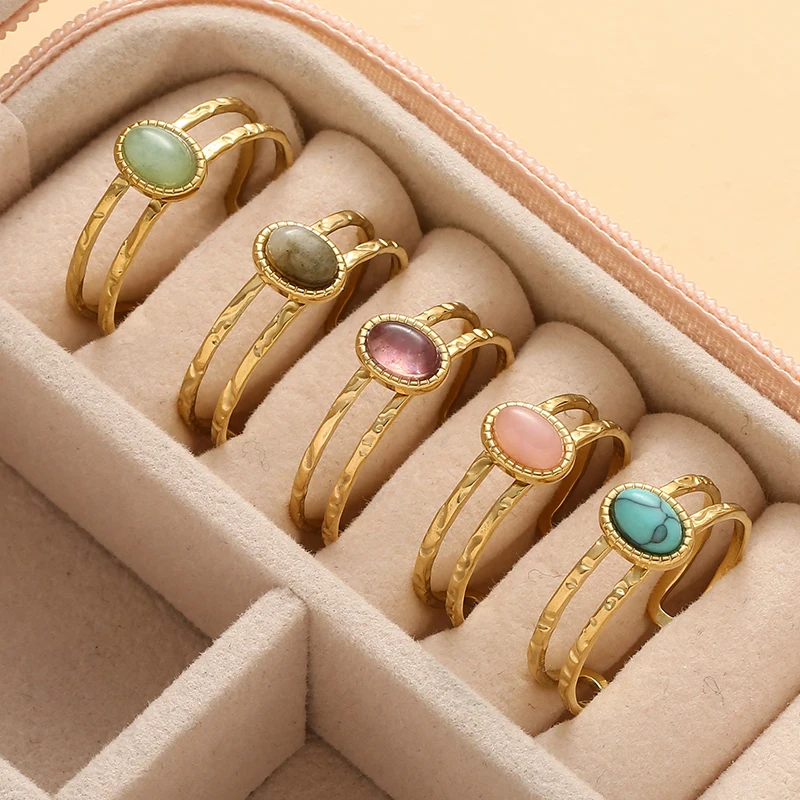 Inlaid Natural Stone Stainless Steel Engagement Rings for Women Adjustable Opening Simplicity Vintage Ring Fashion Jewelry