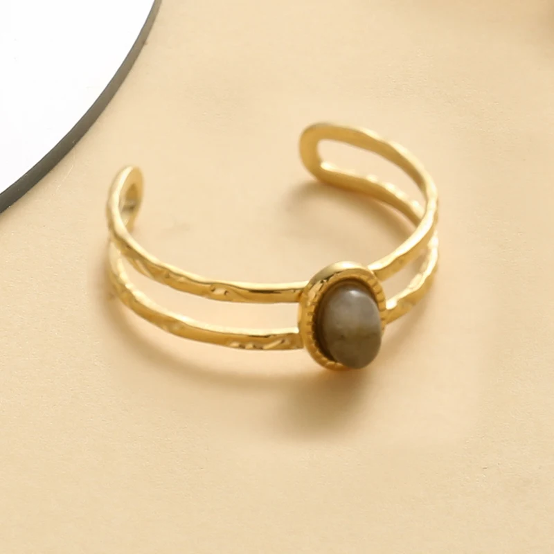 Inlaid Natural Stone Stainless Steel Engagement Rings for Women Adjustable Opening Simplicity Vintage Ring Fashion Jewelry