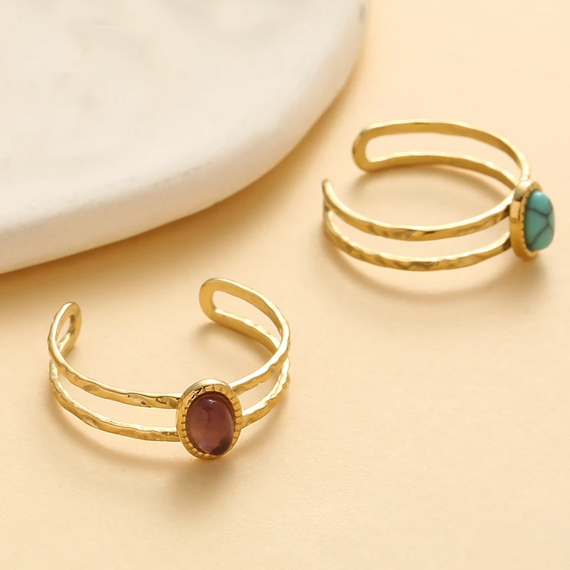 Inlaid Natural Stone Stainless Steel Engagement Rings for Women Adjustable Opening Simplicity Vintage Ring Fashion Jewelry