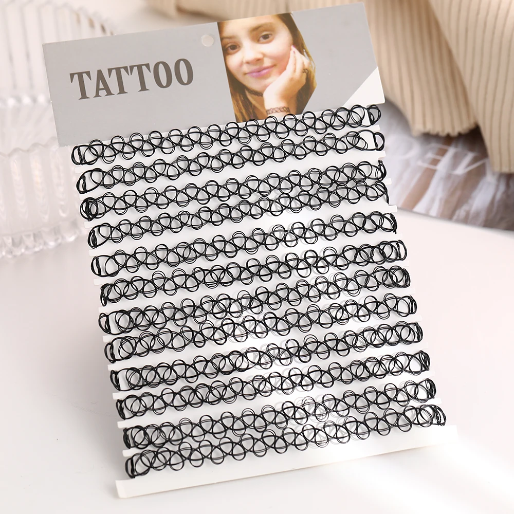 DIY 12PCS Mix Colour Vintage Hippy Stretch Tattoo Choker Necklace Elastic Chocker Necklace Fishing Line Tattoo Necklace