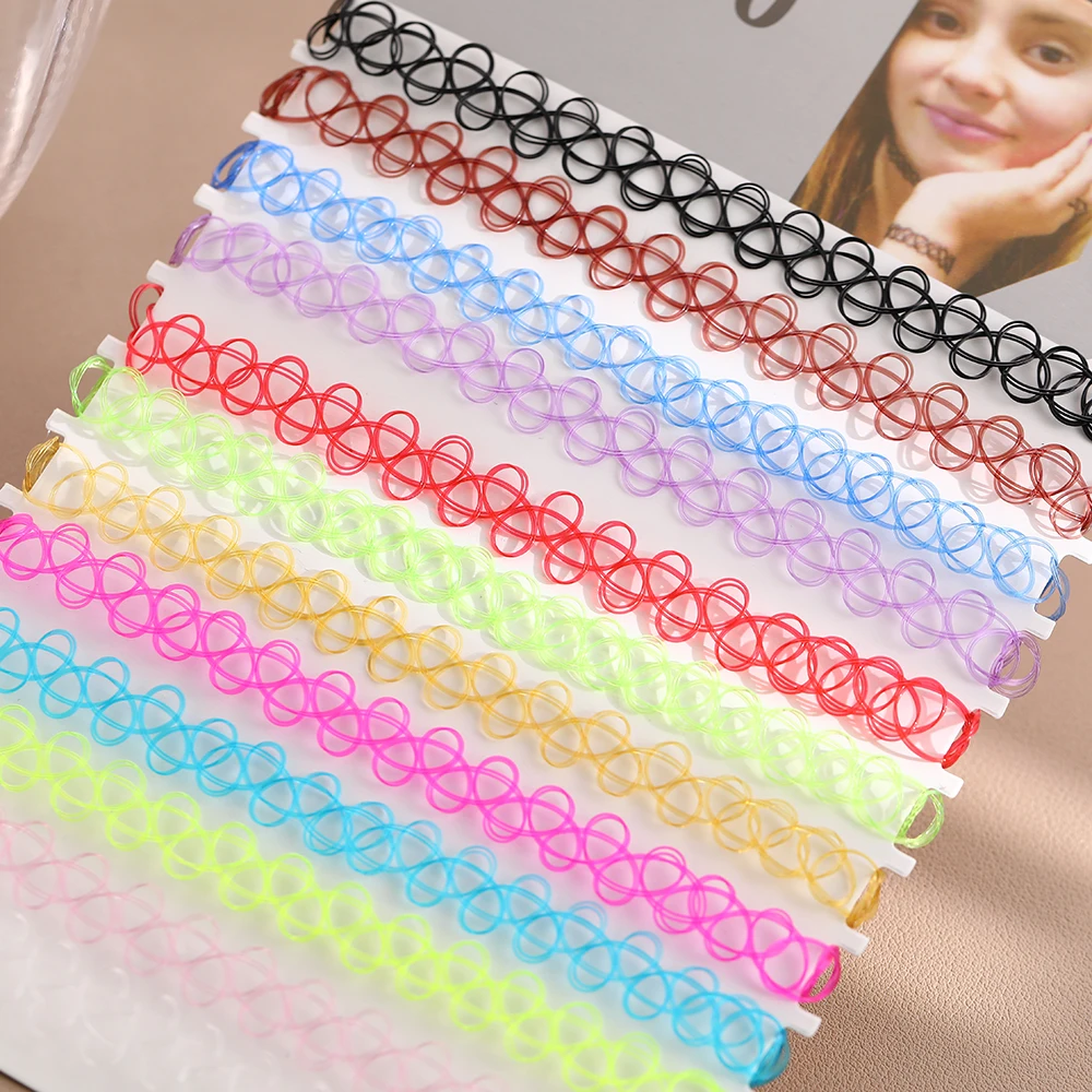 DIY 12PCS Mix Colour Vintage Hippy Stretch Tattoo Choker Necklace Elastic Chocker Necklace Fishing Line Tattoo Necklace