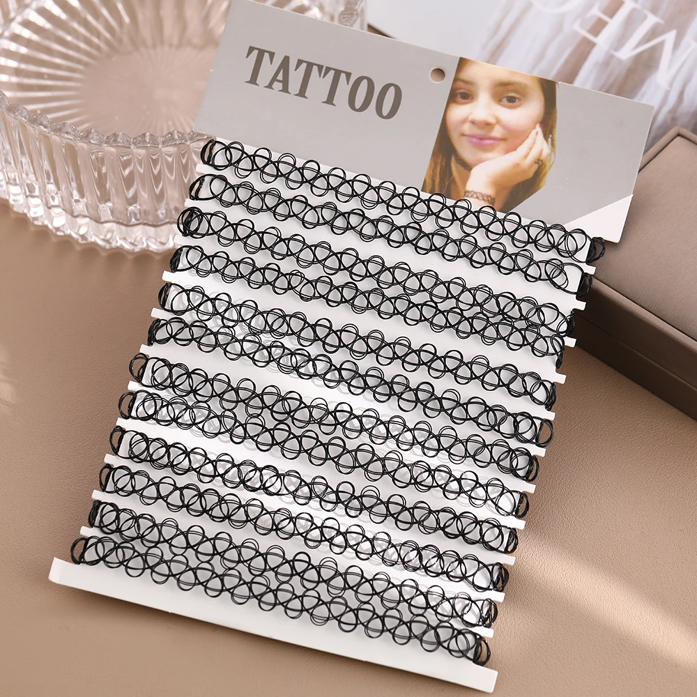 DIY 12PCS Mix Colour Vintage Hippy Stretch Tattoo Choker Necklace Elastic Chocker Necklace Fishing Line Tattoo Necklace