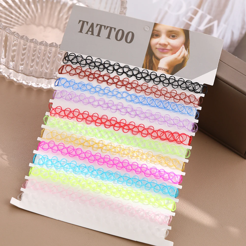 DIY 12PCS Mix Colour Vintage Hippy Stretch Tattoo Choker Necklace Elastic Chocker Necklace Fishing Line Tattoo Necklace