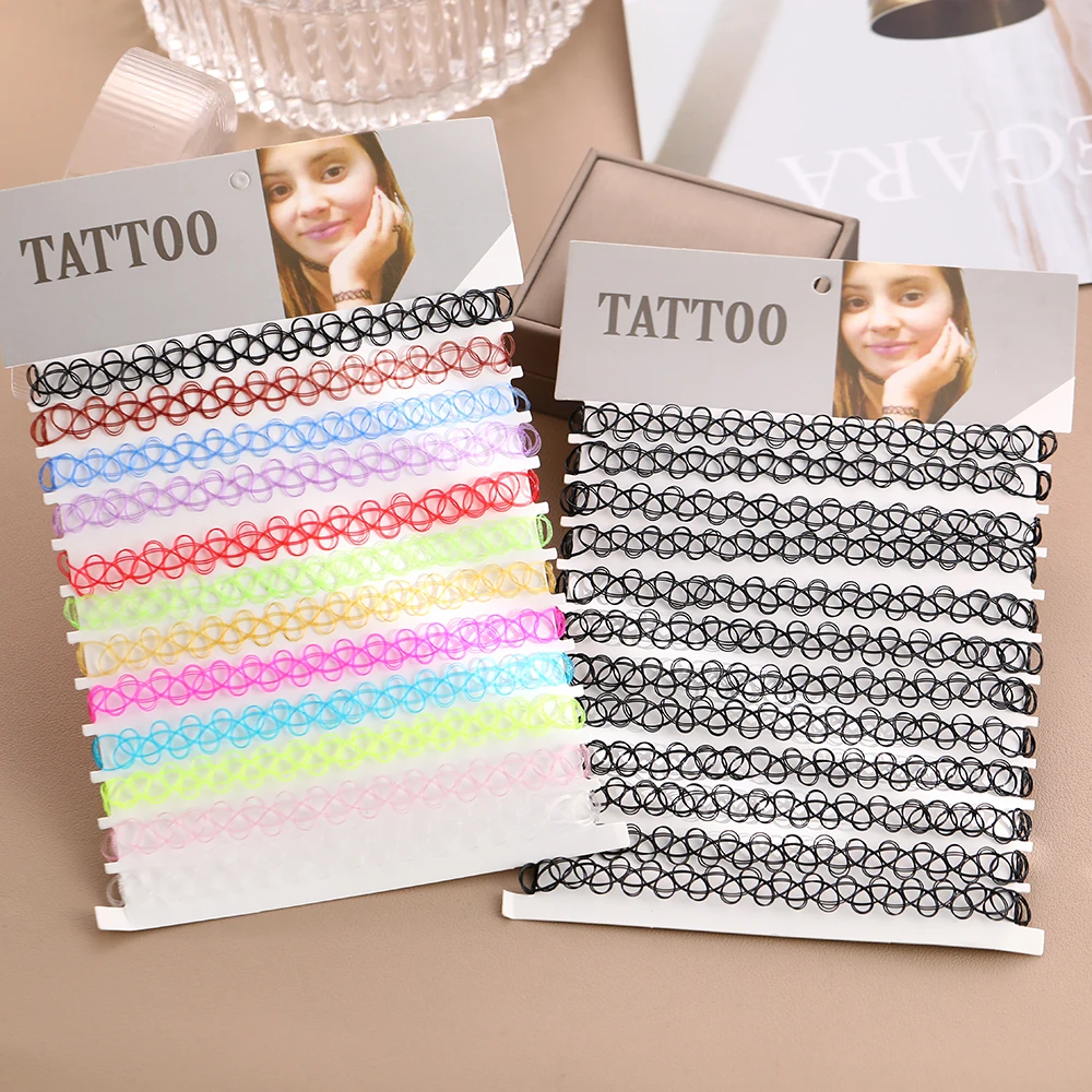 DIY 12PCS Mix Colour Vintage Hippy Stretch Tattoo Choker Necklace Elastic Chocker Necklace Fishing Line Tattoo Necklace