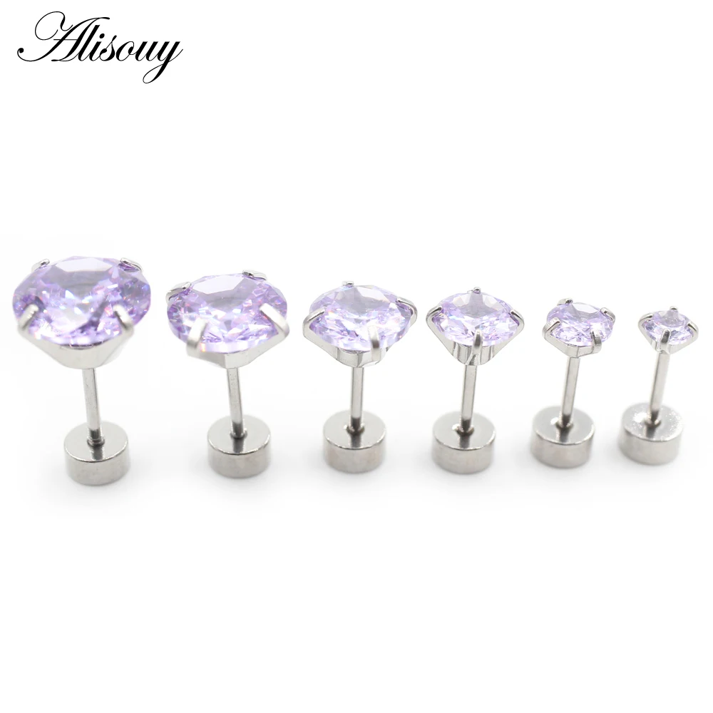 Alisouy 2pcs Stainless steel Unisex Women Men Round Crystal Zircon Ear Studs Earrings  4 Prong Tragus Cartilage Piercing Jewelry