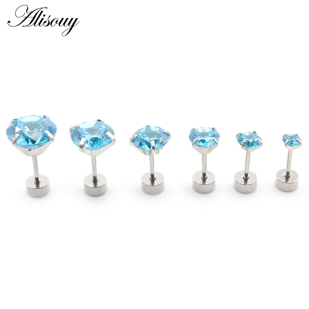 Alisouy 2pcs Stainless steel Unisex Women Men Round Crystal Zircon Ear Studs Earrings  4 Prong Tragus Cartilage Piercing Jewelry