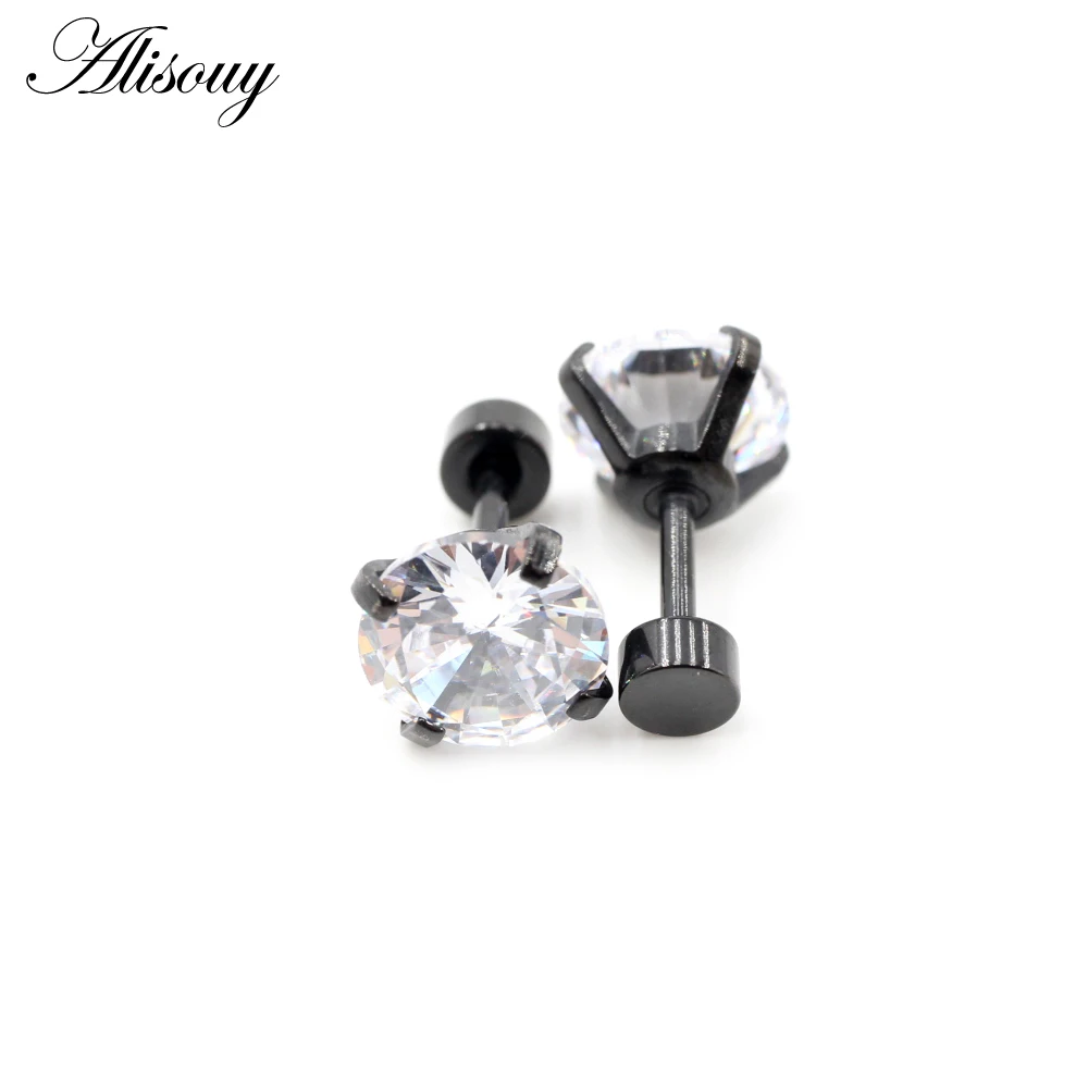 Alisouy 2pcs Stainless steel Unisex Women Men Round Crystal Zircon Ear Studs Earrings  4 Prong Tragus Cartilage Piercing Jewelry
