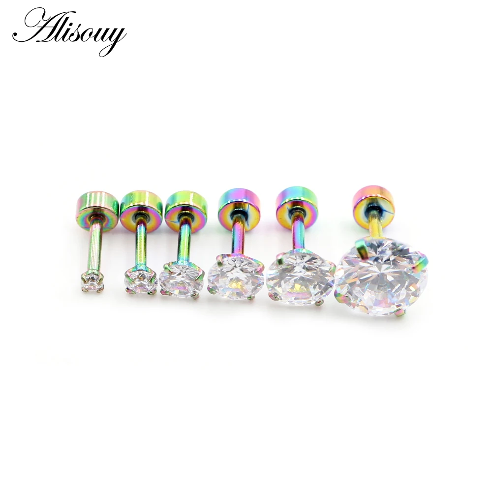 Alisouy 2pcs Stainless steel Unisex Women Men Round Crystal Zircon Ear Studs Earrings  4 Prong Tragus Cartilage Piercing Jewelry