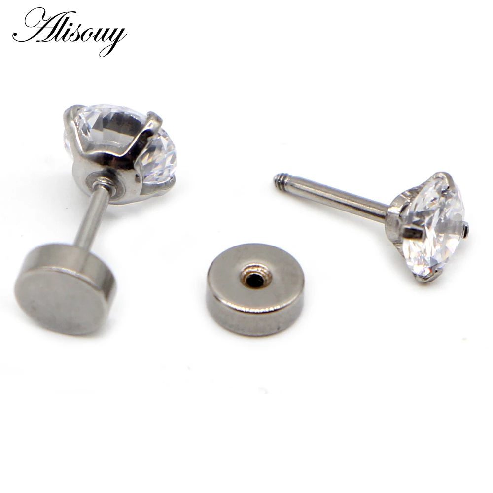 Alisouy 2pcs Stainless steel Unisex Women Men Round Crystal Zircon Ear Studs Earrings  4 Prong Tragus Cartilage Piercing Jewelry