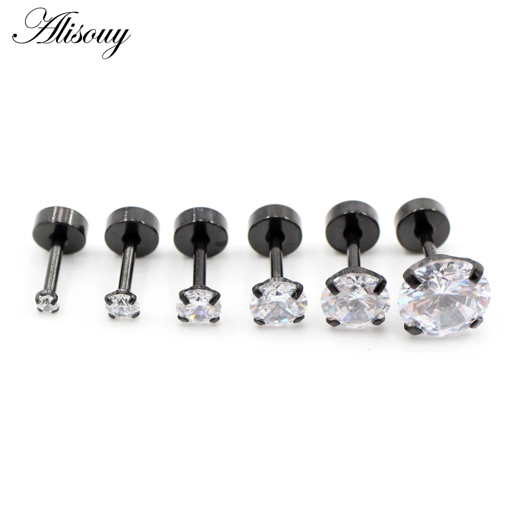 Alisouy 2pcs Stainless steel Unisex Women Men Round Crystal Zircon Ear Studs Earrings  4 Prong Tragus Cartilage Piercing Jewelry