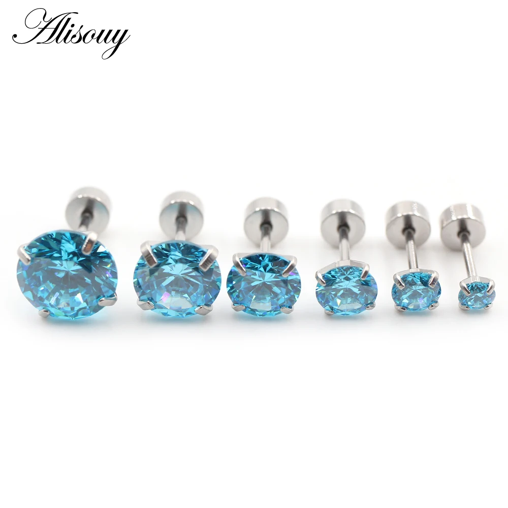 Alisouy 2pcs Stainless steel Unisex Women Men Round Crystal Zircon Ear Studs Earrings  4 Prong Tragus Cartilage Piercing Jewelry