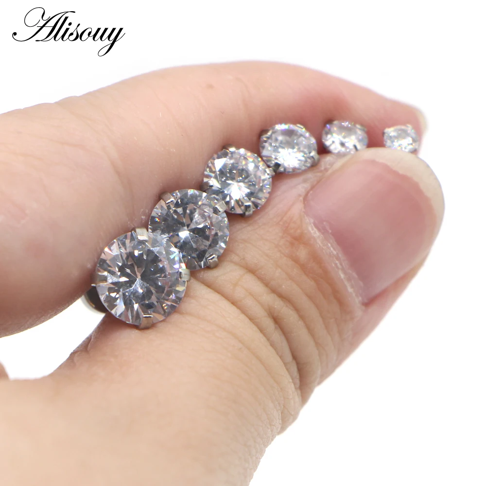 Alisouy 2pcs Stainless steel Unisex Women Men Round Crystal Zircon Ear Studs Earrings  4 Prong Tragus Cartilage Piercing Jewelry
