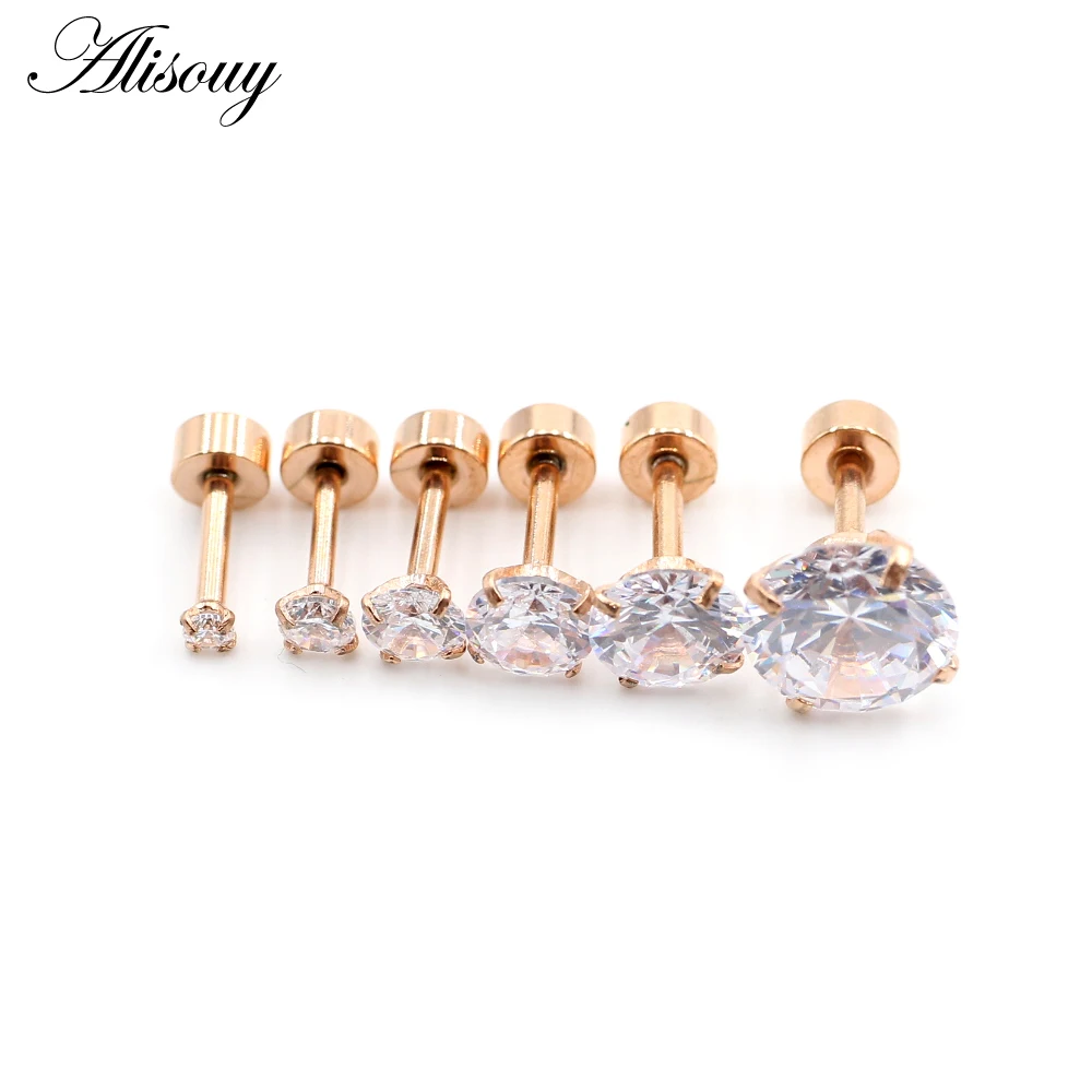 Alisouy 2pcs Stainless steel Unisex Women Men Round Crystal Zircon Ear Studs Earrings  4 Prong Tragus Cartilage Piercing Jewelry