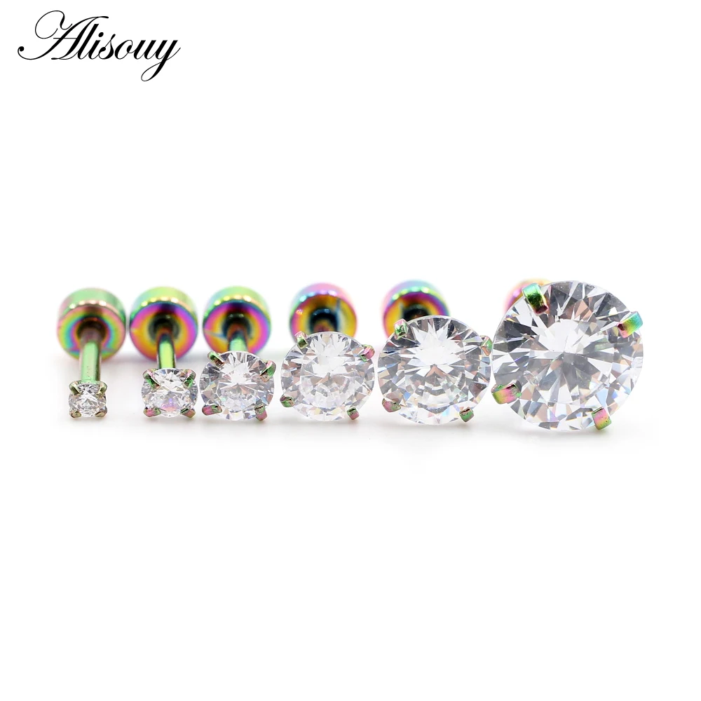 Alisouy 2pcs Stainless steel Unisex Women Men Round Crystal Zircon Ear Studs Earrings  4 Prong Tragus Cartilage Piercing Jewelry