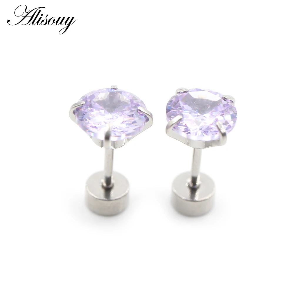 Alisouy 2pcs Stainless steel Unisex Women Men Round Crystal Zircon Ear Studs Earrings  4 Prong Tragus Cartilage Piercing Jewelry