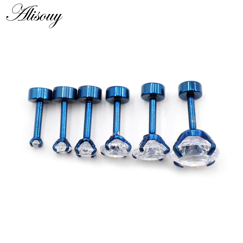 Alisouy 2pcs Stainless steel Unisex Women Men Round Crystal Zircon Ear Studs Earrings  4 Prong Tragus Cartilage Piercing Jewelry