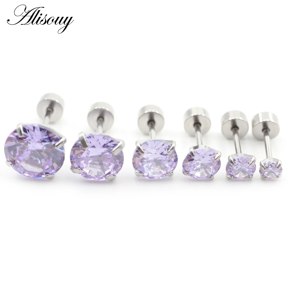 Alisouy 2pcs Stainless steel Unisex Women Men Round Crystal Zircon Ear Studs Earrings  4 Prong Tragus Cartilage Piercing Jewelry