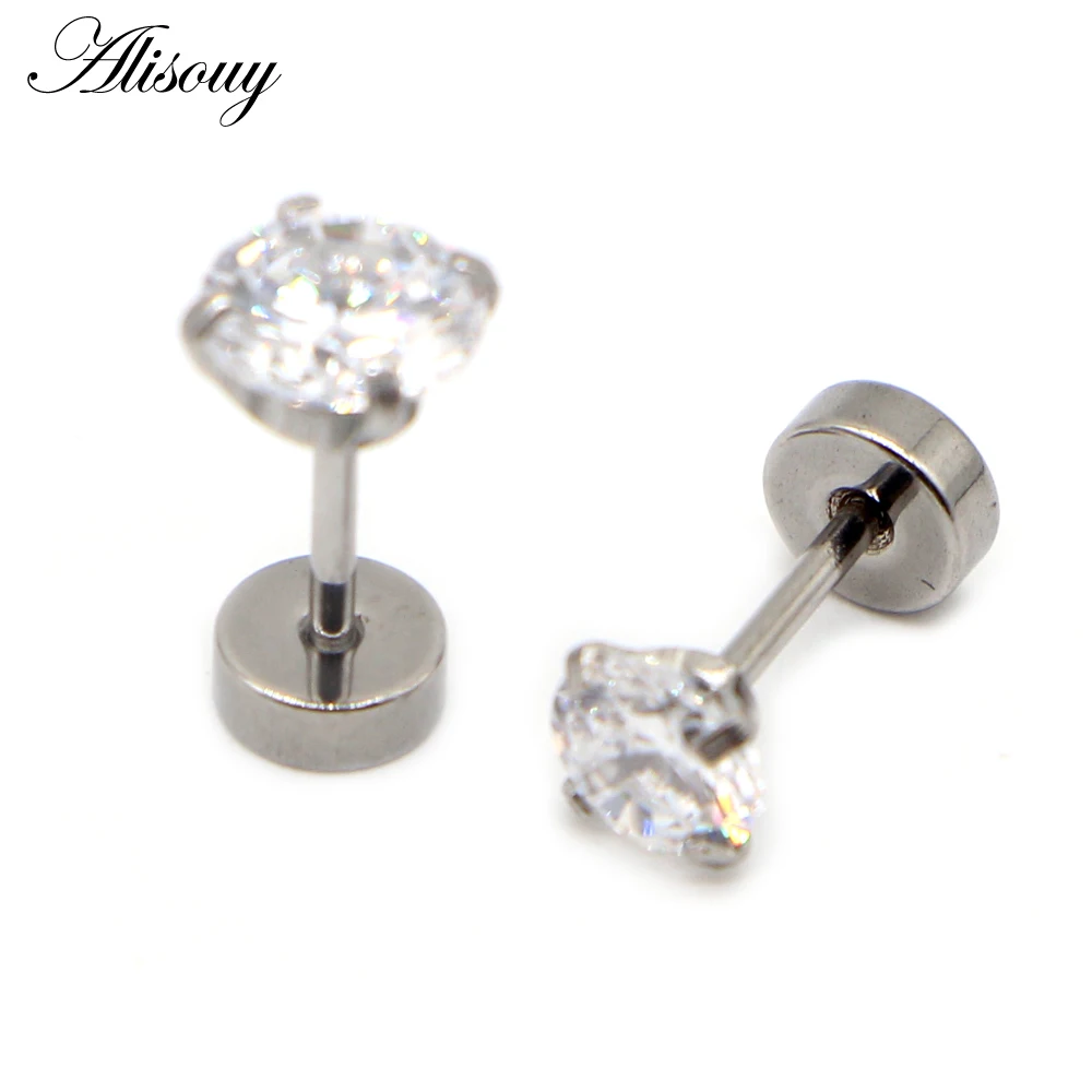 Alisouy 2pcs Stainless steel Unisex Women Men Round Crystal Zircon Ear Studs Earrings  4 Prong Tragus Cartilage Piercing Jewelry