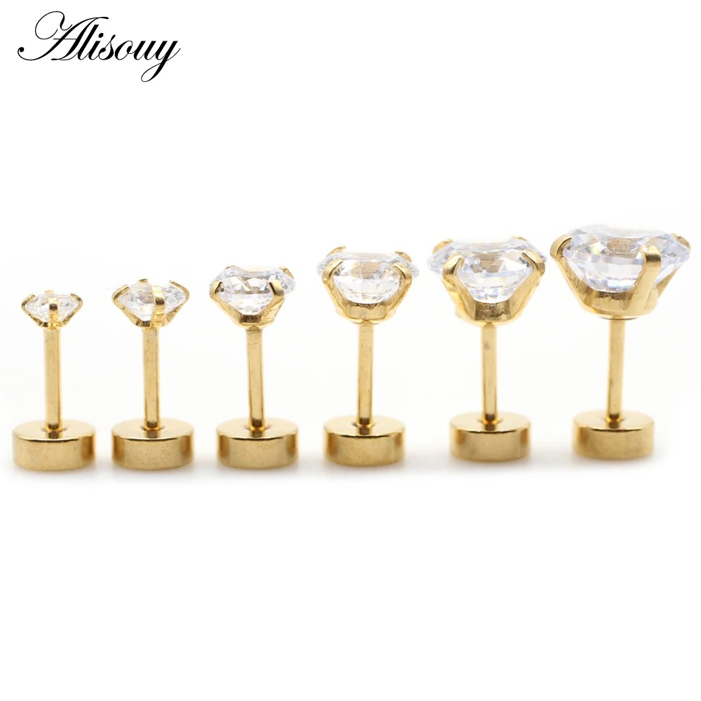 Alisouy 2pcs Stainless steel Unisex Women Men Round Crystal Zircon Ear Studs Earrings  4 Prong Tragus Cartilage Piercing Jewelry
