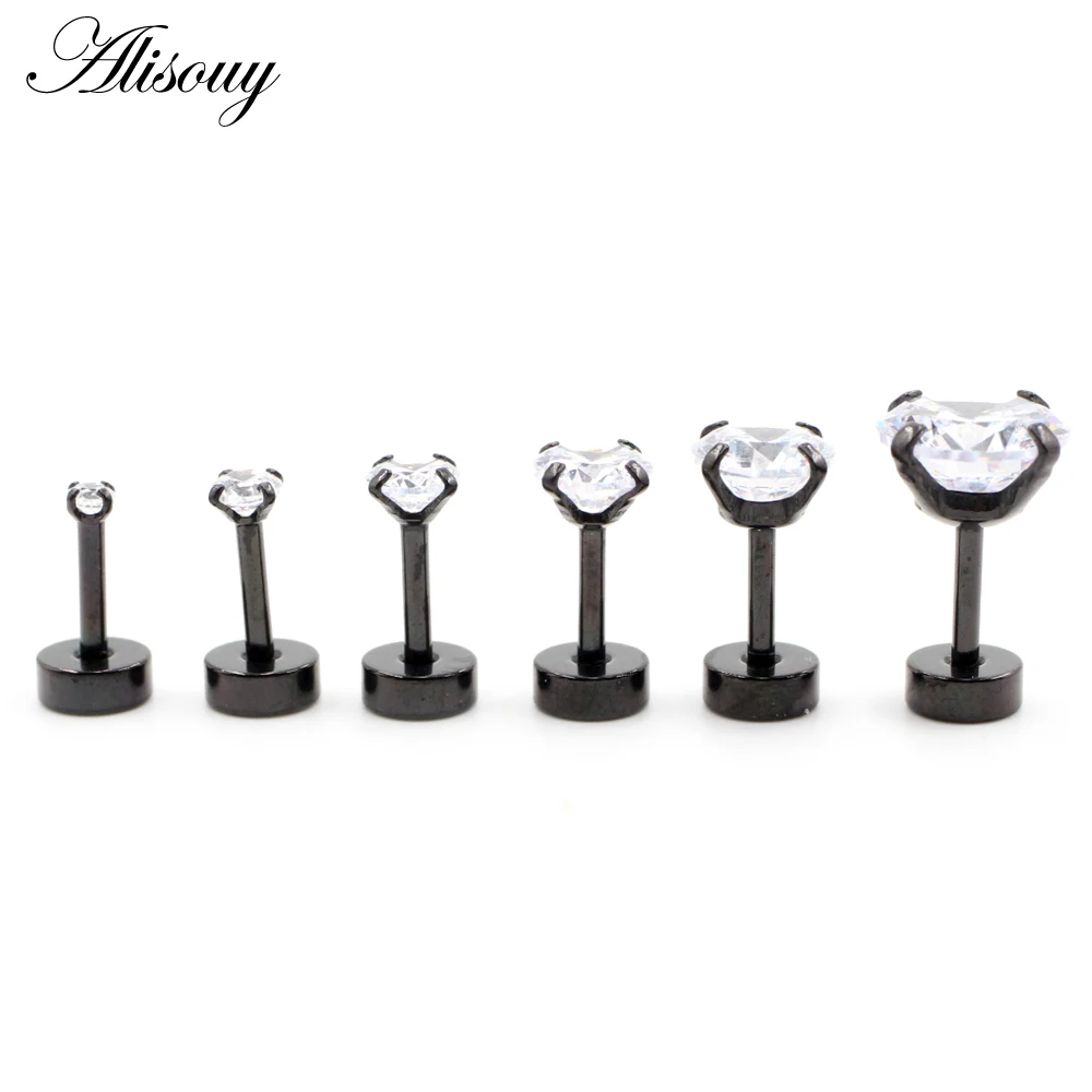 Alisouy 2pcs Stainless steel Unisex Women Men Round Crystal Zircon Ear Studs Earrings  4 Prong Tragus Cartilage Piercing Jewelry