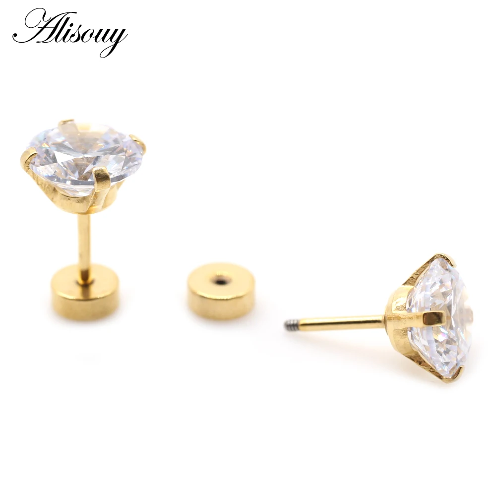 Alisouy 2pcs Stainless steel Unisex Women Men Round Crystal Zircon Ear Studs Earrings  4 Prong Tragus Cartilage Piercing Jewelry