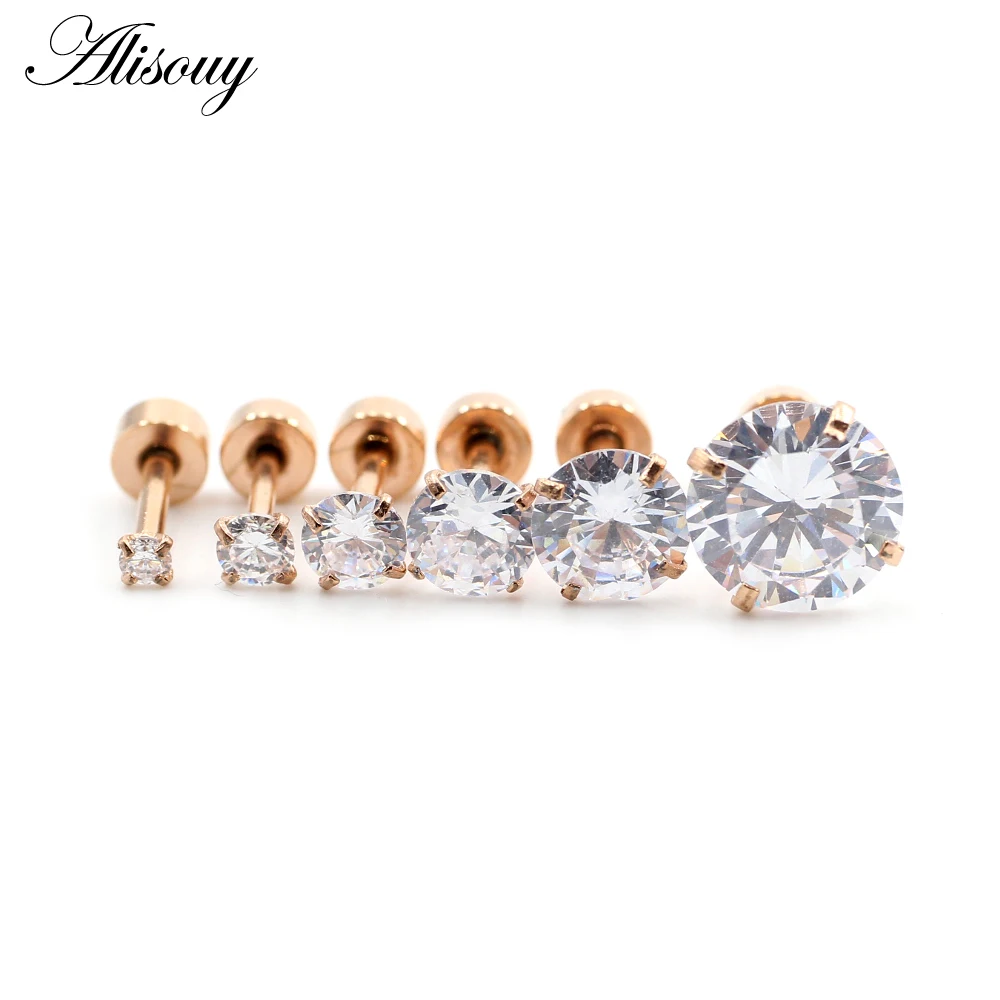 Alisouy 2pcs Stainless steel Unisex Women Men Round Crystal Zircon Ear Studs Earrings  4 Prong Tragus Cartilage Piercing Jewelry