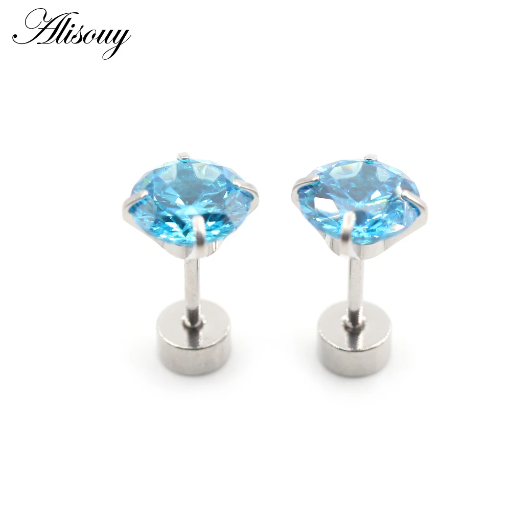 Alisouy 2pcs Stainless steel Unisex Women Men Round Crystal Zircon Ear Studs Earrings  4 Prong Tragus Cartilage Piercing Jewelry