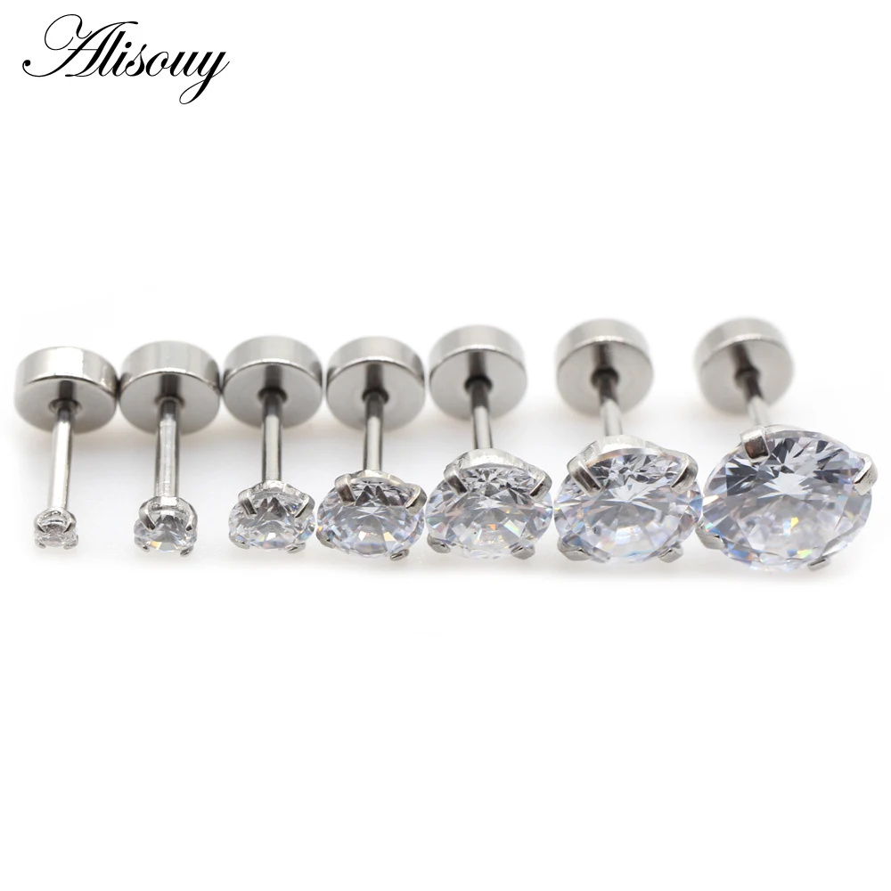 Alisouy 2pcs Stainless steel Unisex Women Men Round Crystal Zircon Ear Studs Earrings  4 Prong Tragus Cartilage Piercing Jewelry