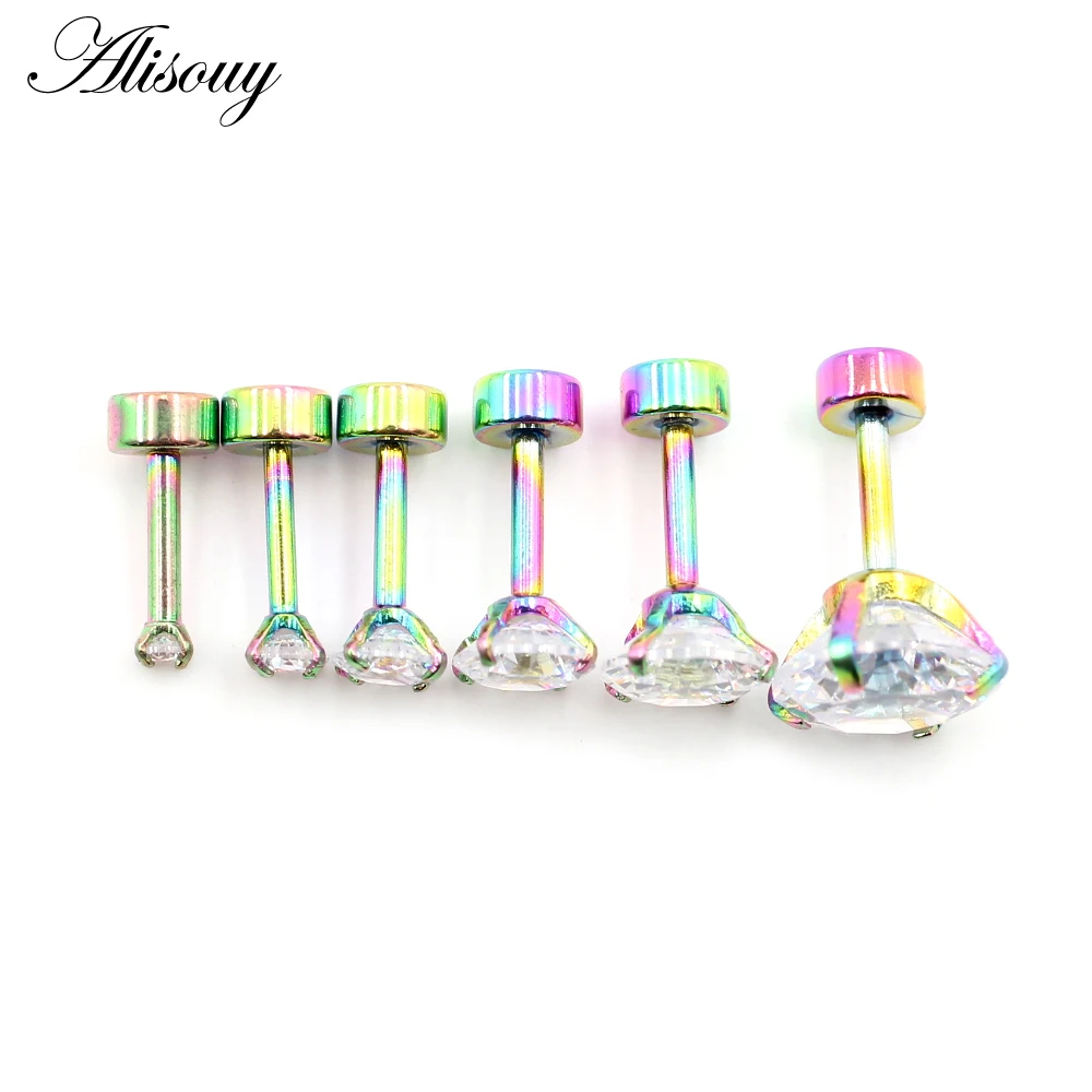 Alisouy 2pcs Stainless steel Unisex Women Men Round Crystal Zircon Ear Studs Earrings  4 Prong Tragus Cartilage Piercing Jewelry