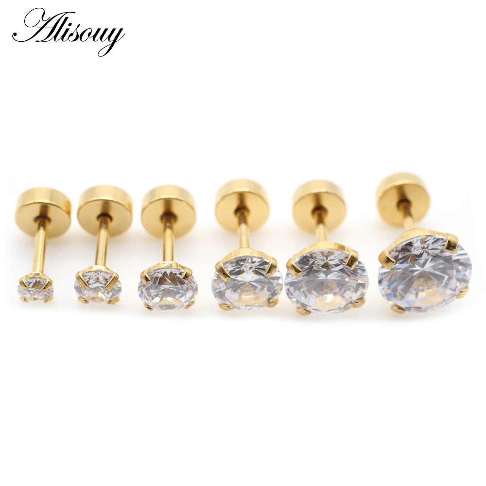 Alisouy 2pcs Stainless steel Unisex Women Men Round Crystal Zircon Ear Studs Earrings  4 Prong Tragus Cartilage Piercing Jewelry