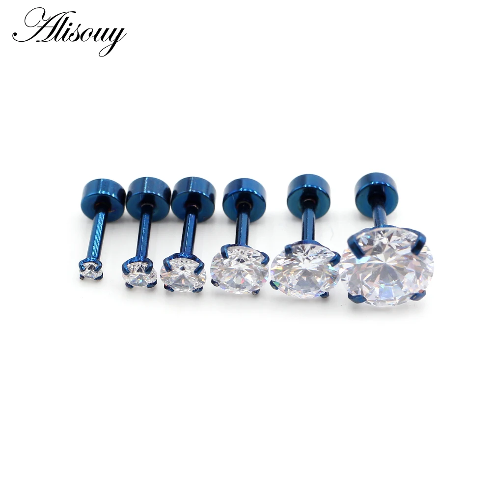 Alisouy 2pcs Stainless steel Unisex Women Men Round Crystal Zircon Ear Studs Earrings  4 Prong Tragus Cartilage Piercing Jewelry