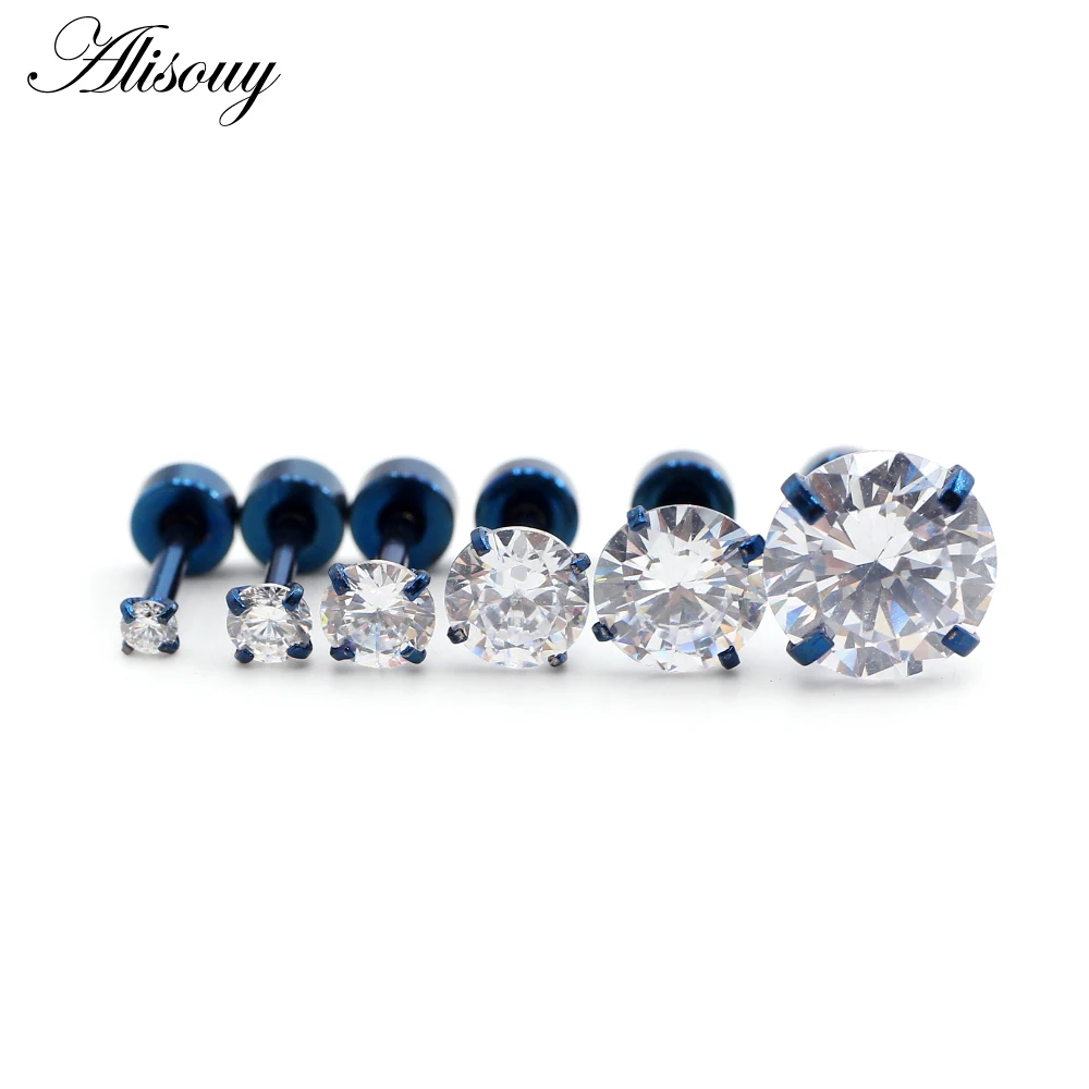 Alisouy 2pcs Stainless steel Unisex Women Men Round Crystal Zircon Ear Studs Earrings  4 Prong Tragus Cartilage Piercing Jewelry